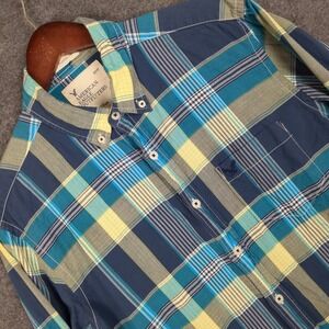 American Eagle Mens Plaid Button Down Shirt Vintage Fit Size M Blue Yellow